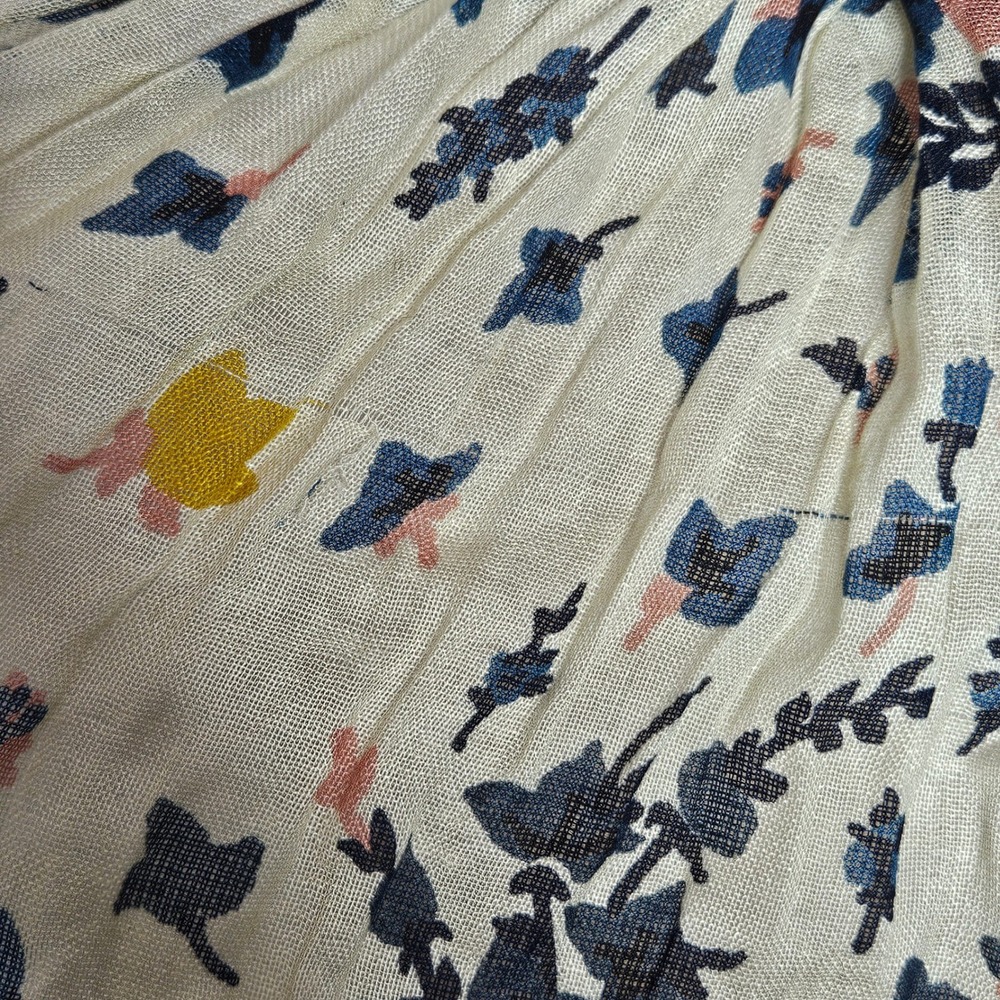 Ann Taylor LOFT Floral Scarf Cream Blue Pink Yellow Gauze Frayed Edge Boho Wrap - Picture 3 of 7
